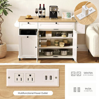 60.2" Kitchen Islands with Storage, Kitchen Island Cart with Trash Can Storage Cabinet, Rolling Kitchen Island Table with Drop Leaf & Power Outlet & Spice Rack & Towel Rack & Knife Holder, White