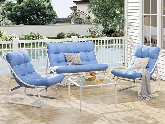Jocoevol Patio Furniture Set, 4-Piece Outdoor Patio Conversation Set, 2-in-1 Metal Patio Sofa Sets with Cushions & Glass Coffee Tablefor Backyard, Garden, Porch, Poolside, White & Blue