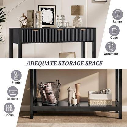 Nasonet Fluted Console Table, Wooden Sofa Table with Storage and Drawers, Farmhouse Behind Couch Table Entryway Table for Entrance, Hallway, Living Room, Black