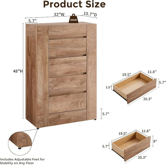 OKD 5 Drawer Dresser for Bedroom, 48" Tall Dresser Chest of Drawers with Thick Wood Design, Handleless, Modern Bedroom Dresser, Storage Organizer for Living Room/Entryway, Light Knotty Wood