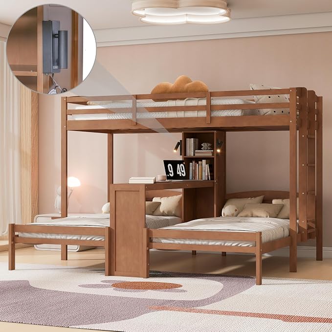 VilroCaz Twin Over Twin & Twin Bunk Bed with Built-in Desk and Storage Shelves, 3 Beds in 1 Design Solid Wood Triple Bunk Bed with Reading Lamp and Guardrails for Kids Teens Aldults (Natural-2.14)