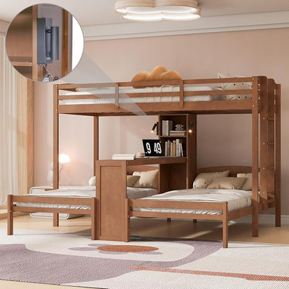 VilroCaz Twin Over Twin & Twin Bunk Bed with Built-in Desk and Storage Shelves, 3 Beds in 1 Design Solid Wood Triple Bunk Bed with Reading Lamp and Guardrails for Kids Teens Aldults (Natural-2.14)