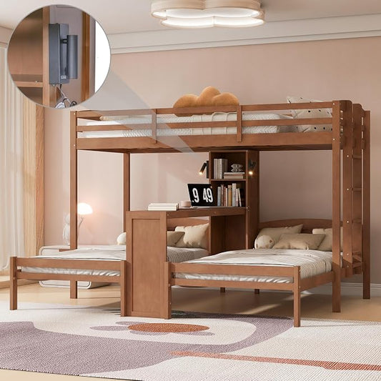VilroCaz Twin Over Twin & Twin Bunk Bed with Built-in Desk and Storage Shelves, 3 Beds in 1 Design Solid Wood Triple Bunk Bed with Reading Lamp and Guardrails for Kids Teens Aldults (Natural-2.14)