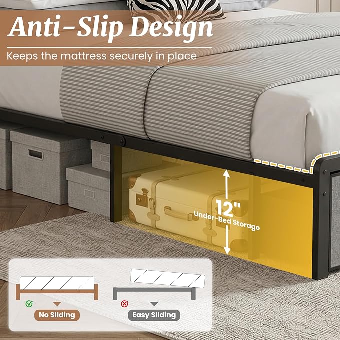 Upholstered Full Bed Frame with 2-Tier Storage Headboard, Metal Platform Bed with Charging Station, Full Size Bed Frame with 2 Under Bed Storage Drawers, No Box Spring Needed, Noise-Free