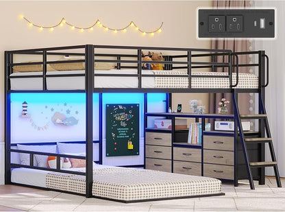 busyaeh Bunk Bed Full Over Twin,Low Bunk Bed with 8 Drawers & 4 Shelves | Bunk bed with Desk,15" H Safety Guardrail,& LED Lights and Charging Station,L-Shaped Bunk Beds with Stairs, Oak Gray