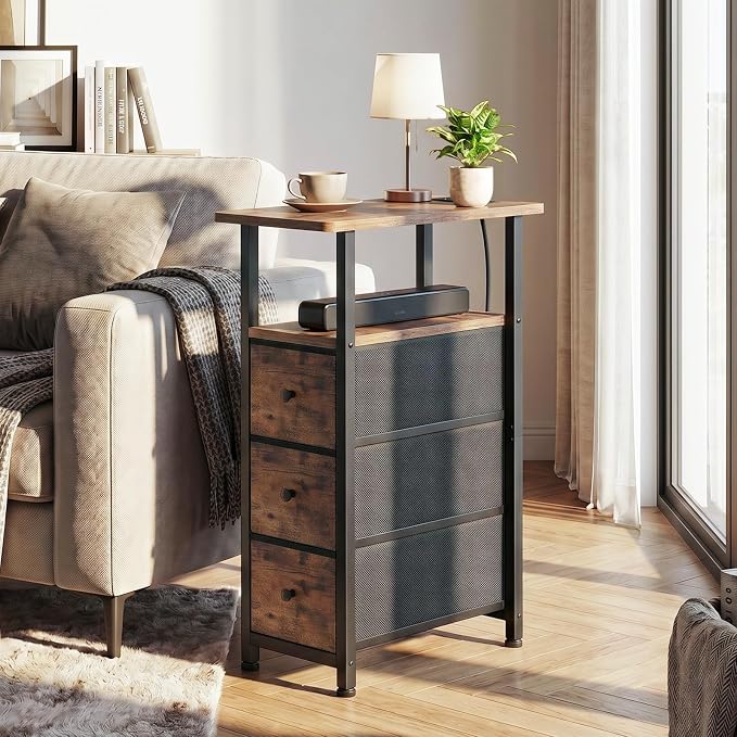 LOAKEKEL Narrow End Tables Living Room Set of 2 with Charging Station, Skinny Side Table with Fabric Drawers, Slim Nightstand for Bedroom, Small Spaces, Couch, Brown, HETNDP03BR