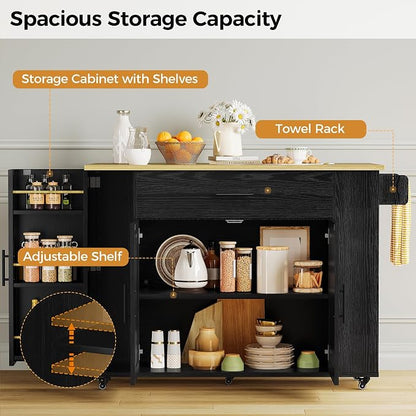 IRONCK Rolling Kitchen Island Table on Wheels with Drop Leaf, Storage Cabinet and Drawer, 52 in Kitchen Cart with Spice and Towel Rack for Kitchen, Black