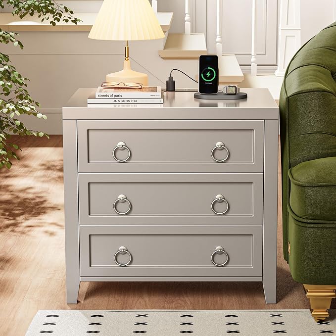 Huuger Paint Night Stand with Charger Station and USB-C Port, 3 Drawer Nightstands Set of 2, Larger Wider Bedside Table, Modern End Table, for Bedroom, Grey Nightstand