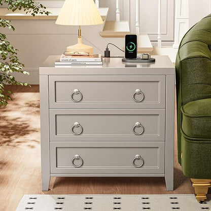 Huuger Paint Night Stand with Charger Station and USB-C Port, 3 Drawer Nightstands Set of 2, Larger Wider Bedside Table, Modern End Table, for Bedroom, Grey Nightstand