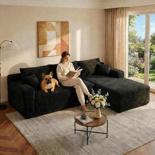 JINGLING 94" L Shape Couch with Right Chaise, Memory Foam Boneless Sectional Sofa in a Box, No Assembly Modular Small Couches for Small Spaces, Living Room, Apartments, Plush Corduroy, Black