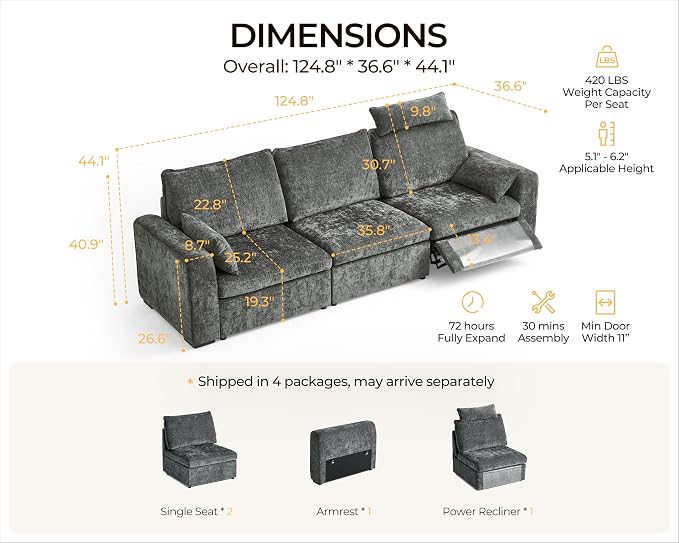 124.8'' Oversized Power Recliner Sofa with Headrest, Extra Wide Deep Modular Cloud Sectional Reclining Couch Wall Hugger, Convertible 3-Seater for RV Home Theater Living Room, Chenille, Grey