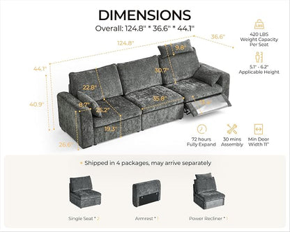 124.8'' Oversized Power Recliner Sofa with Headrest, Extra Wide Deep Modular Cloud Sectional Reclining Couch Wall Hugger, Convertible 3-Seater for RV Home Theater Living Room, Chenille, Grey
