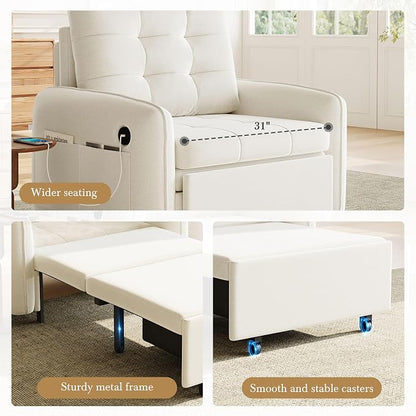 ERYE Modern Foldable Chair Sofa Convertible Pull Out Sleeper Sofabed,Single Seat Tufted Upholstered Sofa Convertible Chaise Lounge Bed with USB-Ports and Side Pockets