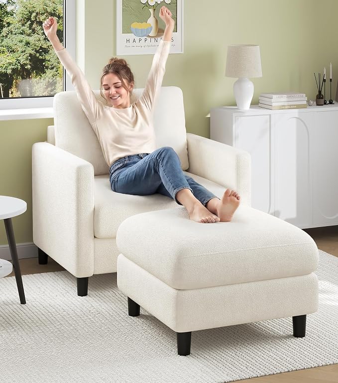 Welzona Sofa Accent Chair with Ottoman, 33" Reading Chair and Ottoman Set for Bedroom, Tool-Free Setup Living Room Accent Chairs, Comfy Arm Chairs Living Room, All-Wood Reading Nook, Beige