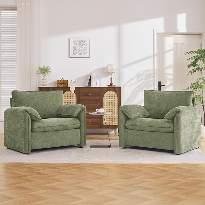 Oversized Accent Chair for Living Room, 41.73" Modern Armchair Set of 2 with Deep Seat, Mid-Century Comfy Reading Chair with Padded Arms, Large Chenille Single Sofa Chairs for Bedroom, Green