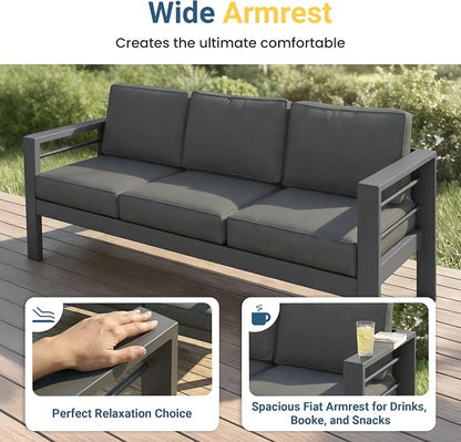 Wisteria Lane Aluminum Outdoor Sofa, 3 Pieces Patio Couch All-Weather Rust-Proof Modern Metal Patio Furniture with 5" Thick Olefin Cushions, Light Grey