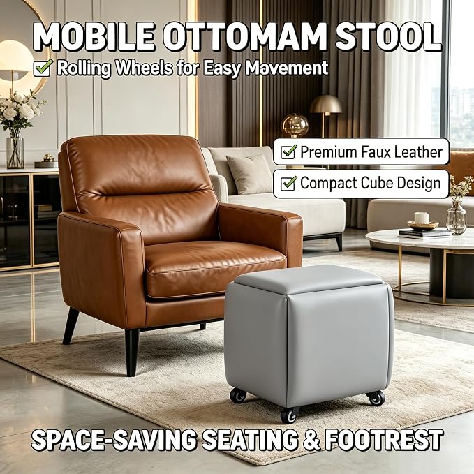 5 in 1 Nesting Ottoman Cube Chair, Stackable Stools, Leather Square Ottoman Bench, Foot Stool with Wheels for Living Room,Dining Room 15.75x15.75x16.54 inches