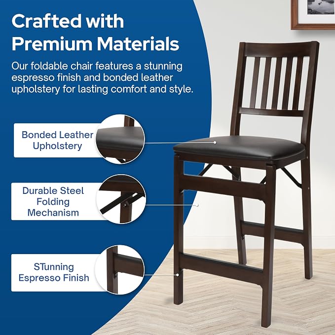 Stakmore Solid Wood Dining Table Counter Stools Set - Bonded Leather Padded Upholstered Seat & Steel Folding Mechanism, Espresso