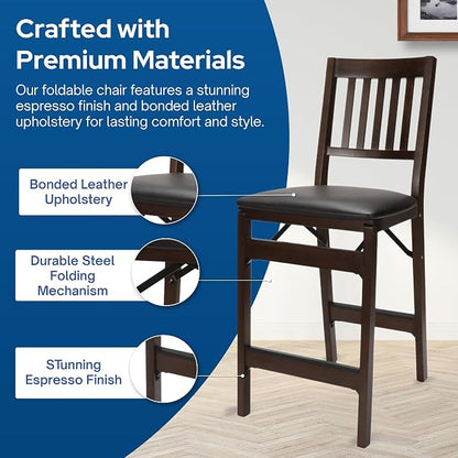 Stakmore Solid Wood Dining Table Counter Stools Set - Bonded Leather Padded Upholstered Seat & Steel Folding Mechanism, Espresso