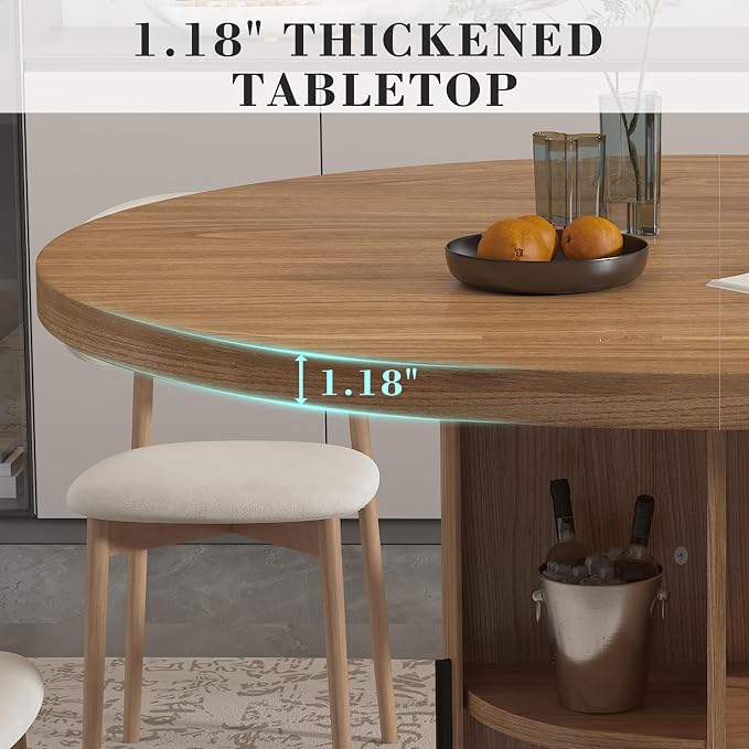 35.5'' Round Pedestal Dining Table, 2-4 Modern Fluted Dining Room Kitchen Table with Storage Shelf, Wood Base Dinner Tables for Kitchen, Breakfast Nook, Small Space, Living Room(Walnut)