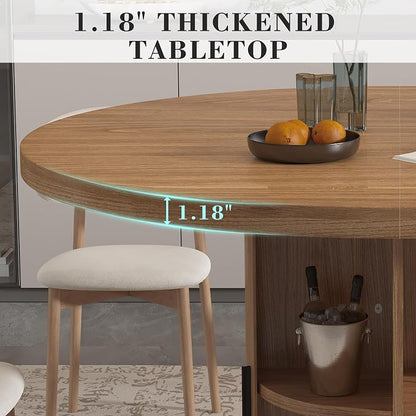 35.5'' Round Pedestal Dining Table, 2-4 Modern Fluted Dining Room Kitchen Table with Storage Shelf, Wood Base Dinner Tables for Kitchen, Breakfast Nook, Small Space, Living Room(Walnut)
