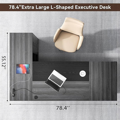Epecoya 78 Inch L Shape Executive Desk, Large Modern Home Office Desk with Drawer and Cord Hold Management, Wooden Business Furniture for CEO Boss Manager, Black Gray