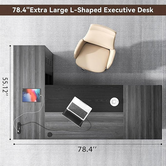 Epecoya 78 Inch L Shape Executive Desk, Large Modern Home Office Desk with Drawer and Cord Hold Management, Wooden Business Furniture for CEO Boss Manager, Black Gray
