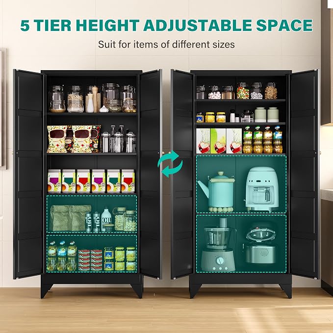 SISESOL Wide & Deep Metal Storage Cabinets with 2 Doors and 5 Shelves,Tall Storage Cabinet,Large Cupboard Closet,Pantry Storage Cabinet for Home,Kitchen,Dining/Living Room (Black, 72" H)