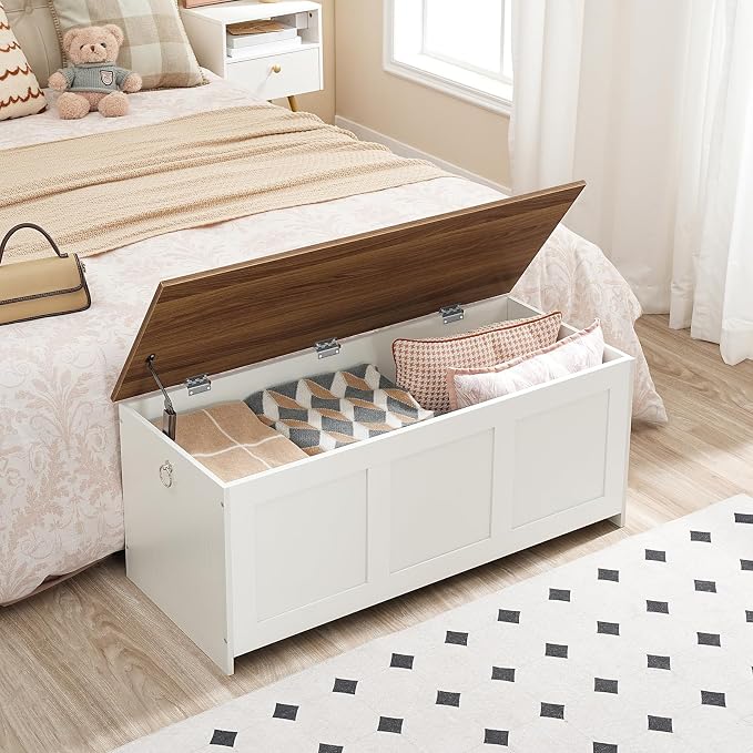 HOOBRO Storage Bench, 39.3" Retro Wooden Storage Chest, Wooden Storage Trunk, Toy Chest with Lift Top, Multifunctional Entryway Organizer, for Entryway, Living Room, White and Walnut WH141CW01G1