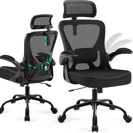AreShark Office Chair - Ergonomic Desk Chair Breathable Mesh Chair with 2D Headrest & Adjustable Lumbar Support - Executive High Back Rolling Swivel Computer Gaming Chair with Wheels Flip-up Armrests