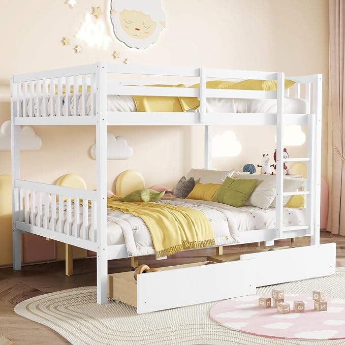 Ball & Cast Full Over Full Wood Bunk Bed for Kids,Convertible Storage Bunk Bed with Two Storage Drawers and Ladder,Can Be Divided Into Two Full Size Daybeds,No Box Spring Required,White