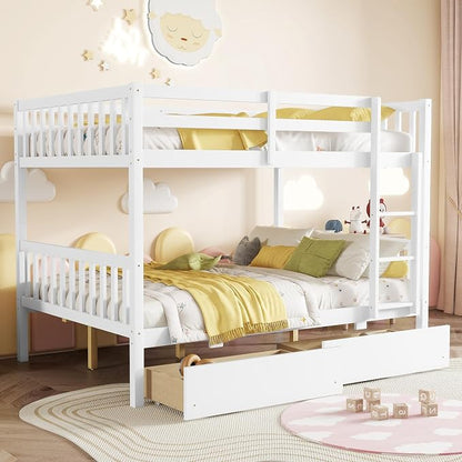 Ball & Cast Full Over Full Wood Bunk Bed for Kids,Convertible Storage Bunk Bed with Two Storage Drawers and Ladder,Can Be Divided Into Two Full Size Daybeds,No Box Spring Required,White