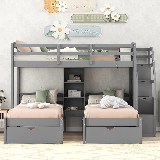 VilroCaz Twin Size Triple Bunk Bed with Drawers and Staircase, Solid Wood Bunk Bed Frame with Safety Full-Length Guardrail and Built-in Shelves, 3 Beds in 1 for Kids Teens Adults