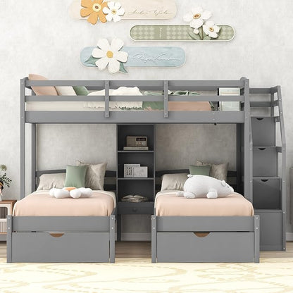 VilroCaz Twin Size Triple Bunk Bed with Drawers and Staircase, Solid Wood Bunk Bed Frame with Safety Full-Length Guardrail and Built-in Shelves, 3 Beds in 1 for Kids Teens Adults