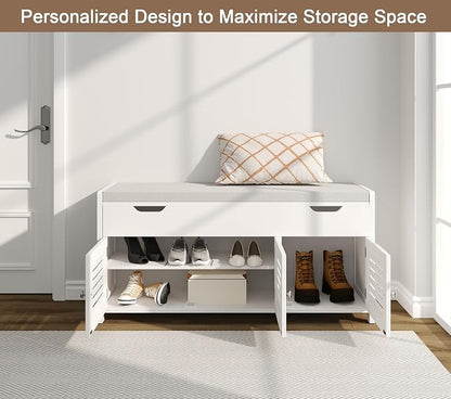 ChooChoo 41.3" Shoe Storage Bench with Lift Top Storage, Entryway Bench with Cushioned Seat, Adjustable Shelf, Shoe Cabinet with Hidden Space, for Entryway, Bedroom, Living Room, White
