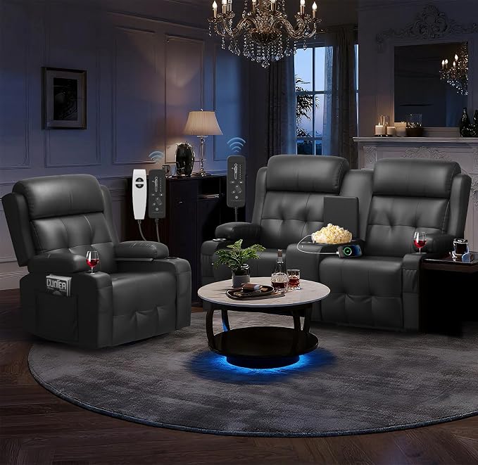 Recliner Sofa Set, Home Theater Seating with Massage, Loveseat Recliner Couch and Recliner Single Chair with USB, Wall Hugger Reclining Movie Theater Chair with Cup Holders, Drawer for Gaming Room