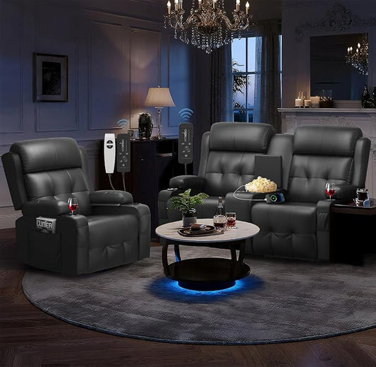 Recliner Sofa Set, Home Theater Seating with Massage, Loveseat Recliner Couch and Recliner Single Chair with USB, Wall Hugger Reclining Movie Theater Chair with Cup Holders, Drawer for Gaming Room