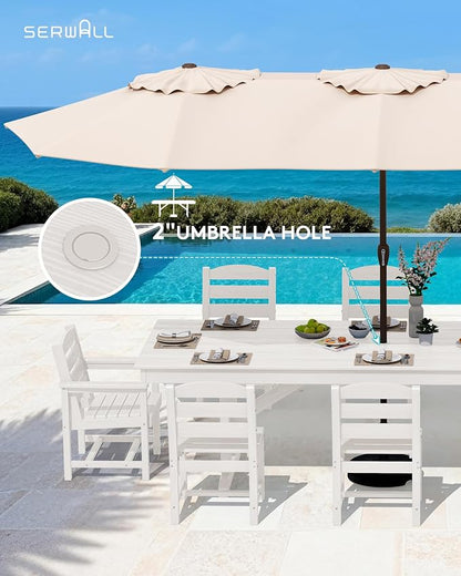 SERWALL 9 Piece 84" HDPE Outdoor Dining Set with 6 Armless Chairs, 2 Armchairs and Umbrella Hole for 8, White