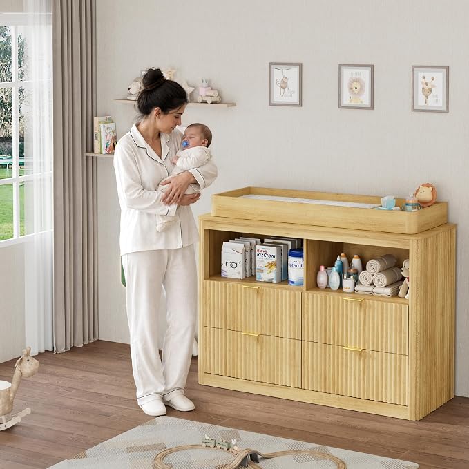 St.Mandyu Changing Dresser, 4 Large Drawers Wood Baby Nursery Dresser with Raised and Detachable Changing Table Top, Fluted Chest with Gold Handles, Large Storage Organizer for Nursery Room,Natural