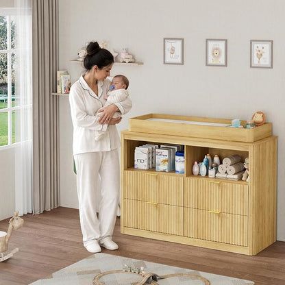 St.Mandyu Changing Dresser, 4 Large Drawers Wood Baby Nursery Dresser with Raised and Detachable Changing Table Top, Fluted Chest with Gold Handles, Large Storage Organizer for Nursery Room,Natural