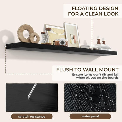 RICHFOCUS 72Inch Floating Shelves for Wall 2 Pack Shelves for Bedroom|Kitchen|Bathroom Wall Mounted Rustic Wood Floating Shelf with Invisible Brackets for Books|Storage|Decor, Black
