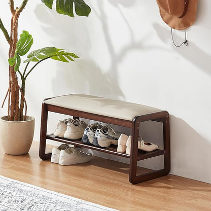 Achicsofar Shoe Rack Bench,2 Tier Solid Wooden Entryway Bench with Shoe Storage, Shoe Rack with Cushion for Living Room, Hallway(Pu Beige, 31.5")