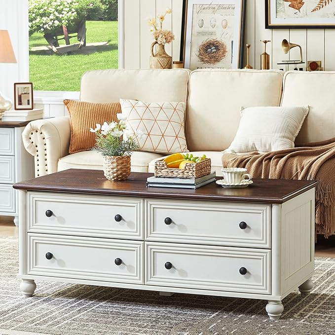 RWYHG 48" Farmhouse Coffee Table with Hidden Storage,Wooden Coffee Tables with 4 Drawers & Roman Column Handle,Rectangular Rustic Center Table with Solid Wood Curved Base for Living Room,Office,White