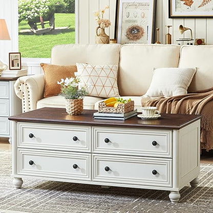 RWYHG 48" Farmhouse Coffee Table with Hidden Storage,Wooden Coffee Tables with 4 Drawers & Roman Column Handle,Rectangular Rustic Center Table with Solid Wood Curved Base for Living Room,Office,White