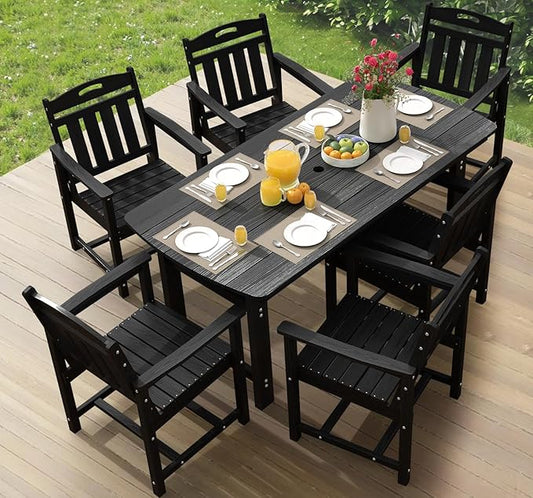 Ciokea HDPE Outdoor Dining Set, 7-Piece Patio Table and Chairs Set with Umbrella Hole, All-Weather Patio Dining Sets for 6, Durable Patio Furniture for Backyard, Garden, Lawn & Poolside, Black