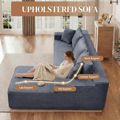 95" L Shaped Cloud Boneless Sectional Couches for Living Room, Modern Comfy Modular Deep Seat Memory Foam Compressed Corduroy Sofa Oversized Right Facing Chaise, No Assembly Required, Grey