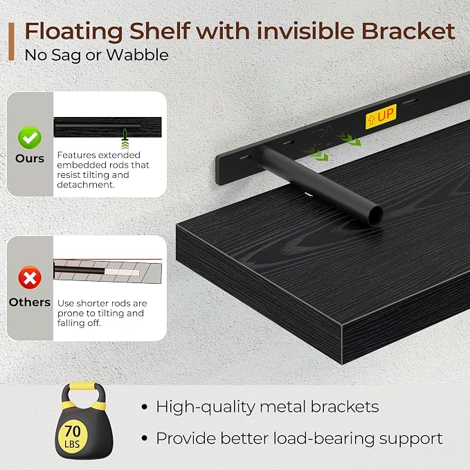 Fun Memories Floating Shelves for Wall 36 Inch Set of 3, Farmhouse Floating Shelves with Invisible Heavy Duty Bracket, 10 Inch Deep Bathroom Shelves for Storage, Living Room, Kitchen, Decor, Black