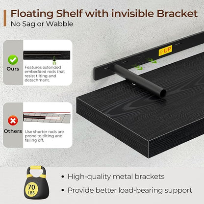Fun Memories Floating Shelves for Wall 36 Inch Set of 3, Farmhouse Floating Shelves with Invisible Heavy Duty Bracket, 10 Inch Deep Bathroom Shelves for Storage, Living Room, Kitchen, Decor, Black