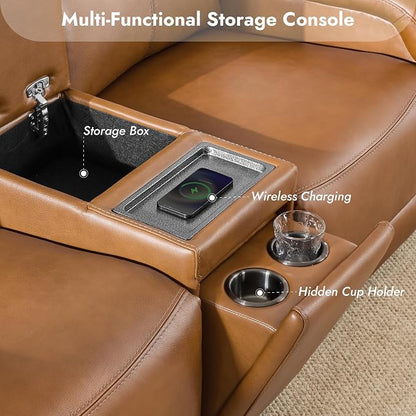 Watson & Whitely Power Reclining Sofa and Loveseat Sets, Genuine Leather Sofa Recliner Couch Set with Power Headrest, Storage Console, USB Ports, Cup Holders, Living Room Furniture Set, Saddle Brown