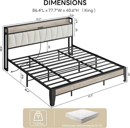 LIKIMIO King Size Bed Frames, Bouclé Storage Headboard with Charging Station, Solid and Stable, Noise Free, No Box Spring Needed, Easy Assembly